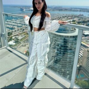 White Off-Shoulder Top and Cargo Pants